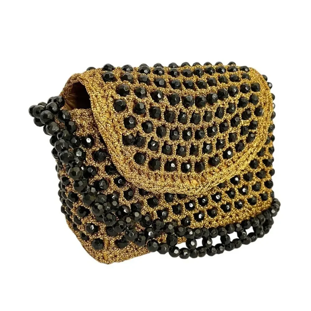 Vintage Italian Gold Crochet Black Bead Glam Evening Bag - Made in Italy Handbag